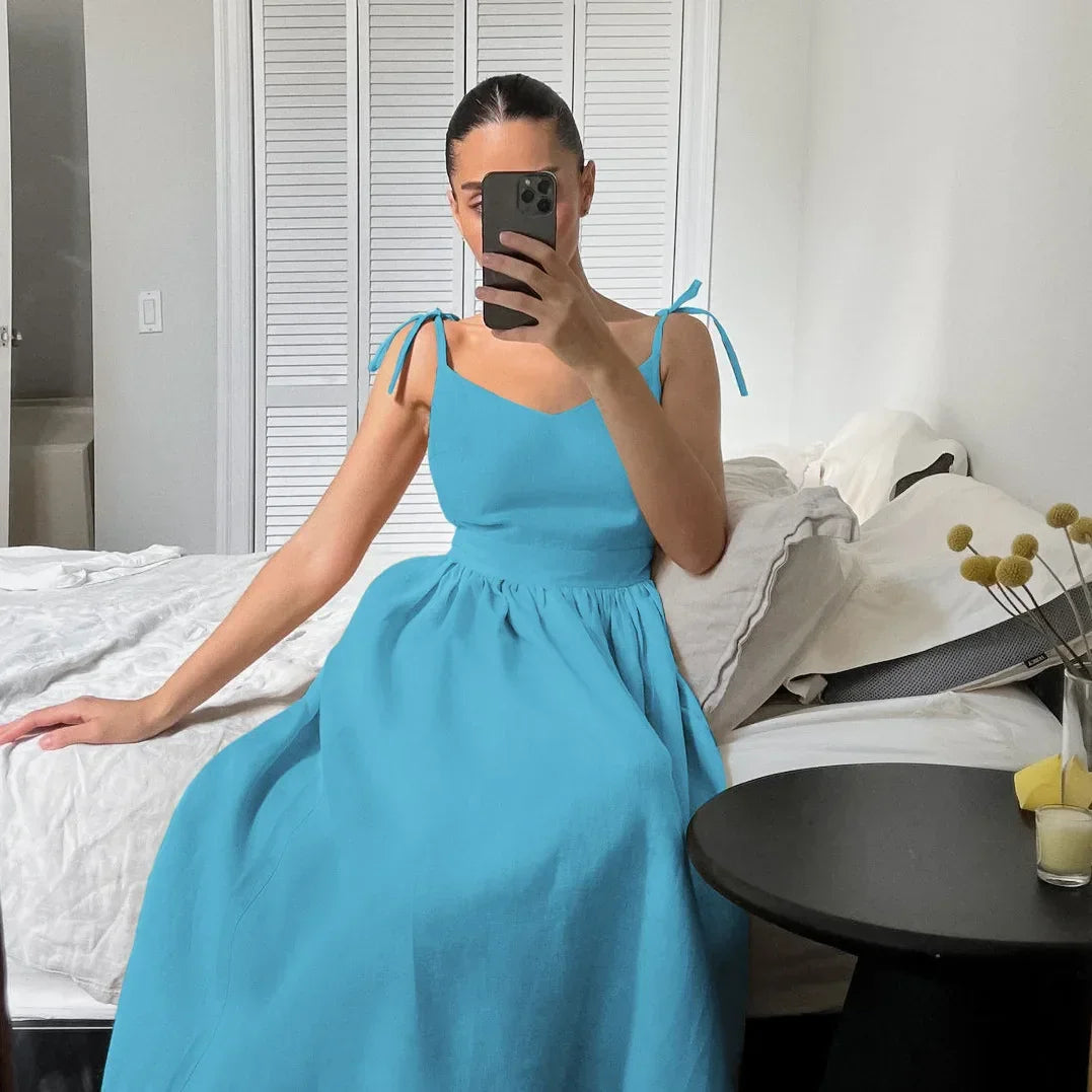 Cotton Linen Solid Color Spaghetti Strap Dresses Women Fashion Leace-up V-neck Backless Beach Vacation Long Dress Female New
