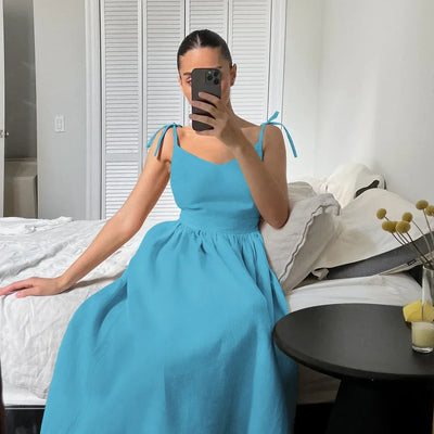 Cotton Linen Solid Color Spaghetti Strap Dresses Women Fashion Leace-up V-neck Backless Beach Vacation Long Dress Female New