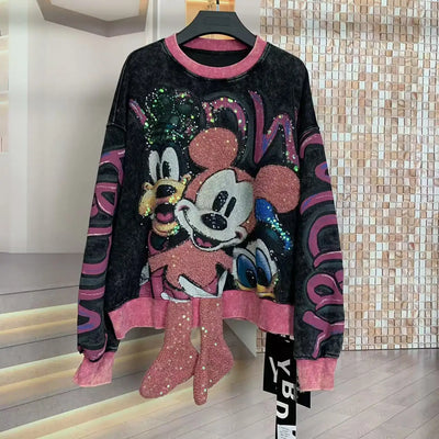 Trendy Brand Autumn Heavy Loose Embroidered Cartoon Round Neck Fashion Sweatshirt Round Neck Long Sleeve  Streetwear Women