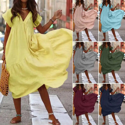 Bohemian Summer Dress for Women V Neck Vestidos Ladies Streetwear Solid Ruffle Dresses Asymmetrical Loose Robe Women Clothing