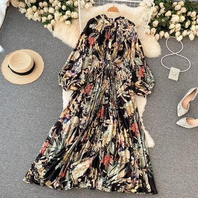 Retro Print Elegant Pleated Lace-up Chiffon Long Sleeve Dress A-line Blouse French Casual V-neck High Waist Women Summer Dresses