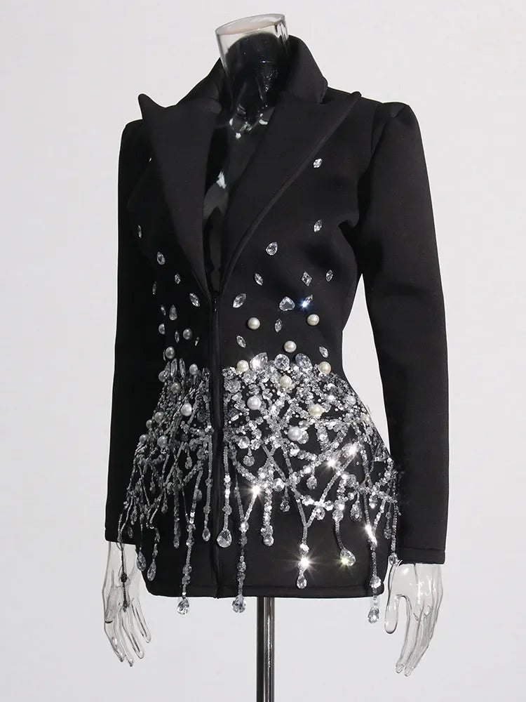 TWOTWINSTYLE Spliced Sequins Chic Dress For Women Lapel Long Sleeve High Waist Patchwork Pearls Temperament Dresses Female New