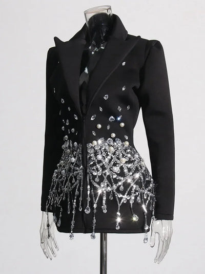 TWOTWINSTYLE Spliced Sequins Chic Dress For Women Lapel Long Sleeve High Waist Patchwork Pearls Temperament Dresses Female New
