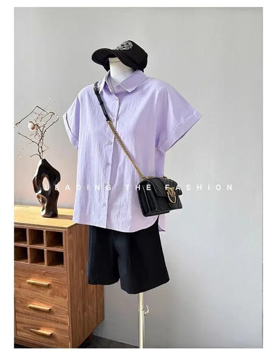 Women Clothing Summer Fashion Casual Button Solid Color Polo Collar Female Simplicity Temperament Appear Thin Short Sleeve Tops