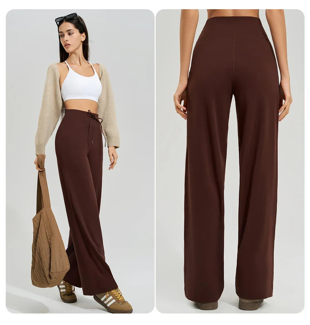Women's High Waist Yoga Pants Gym Loose Running Yoga Pants Double Side Brushed with Pockets Pants Ties