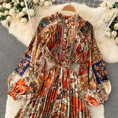 Retro Print Elegant Pleated Lace-up Chiffon Long Sleeve Dress A-line Blouse French Casual V-neck High Waist Women Summer Dresses