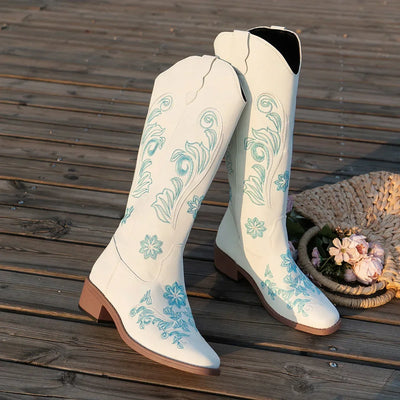 Women's Boots  New Embroidered Long Tube Boots Low Heel Calf Waterproof Cold Resistant Comfort Fashion Knight Boots