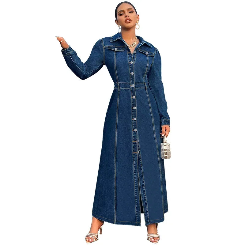 Denim Dress Women Long Dresses Spring Turn Down Collar Elegant Work Splice Vestidos Single Breasted A Line Y2k Tops Streetwear
