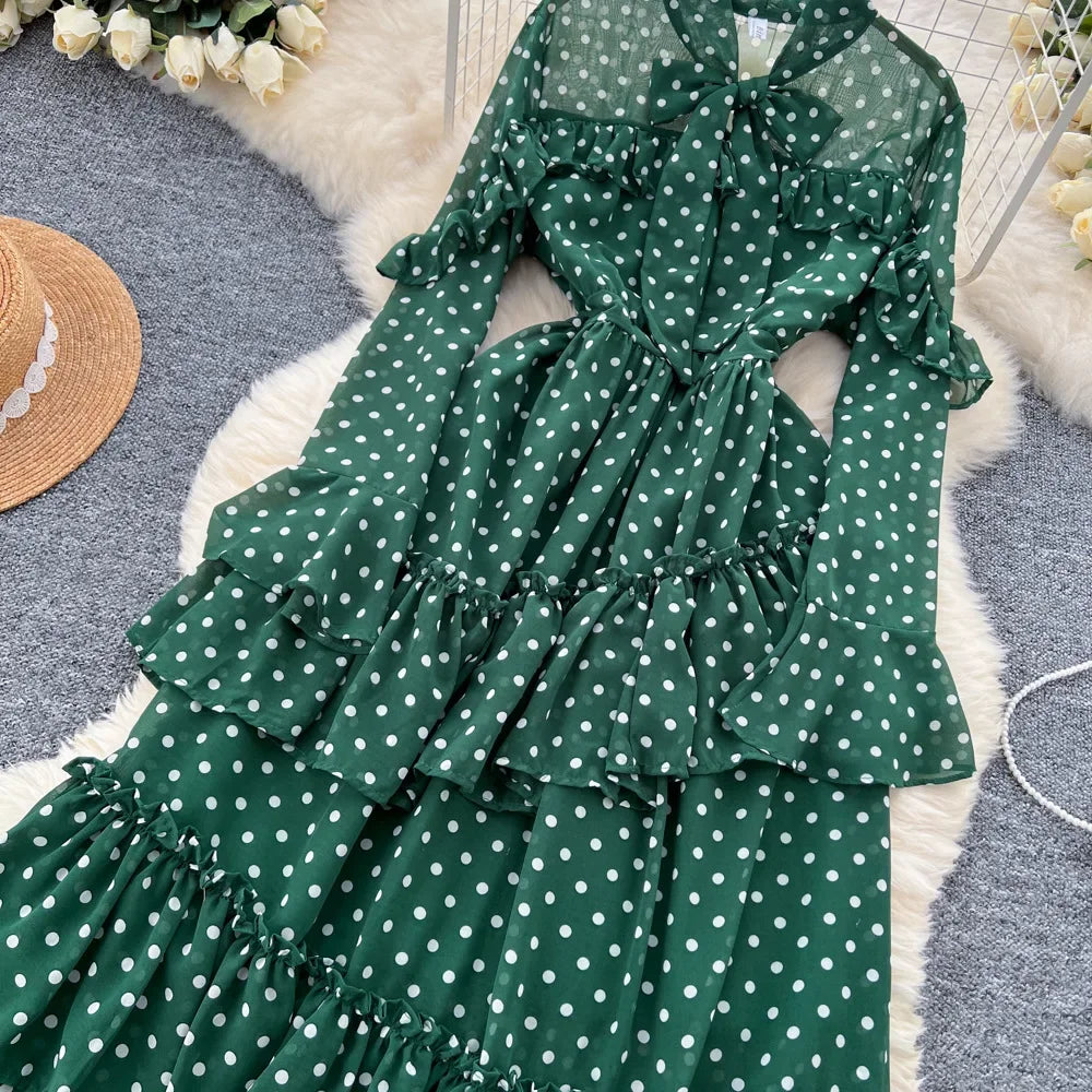 Dot Dress Women Long Dresses Print Chiffon Lace Up Flare Sleeve A Line Vestidos Streetwear Elegant Splice Y2k High Waist Party