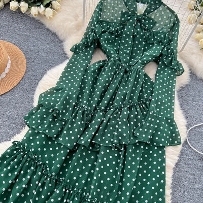 Dot Dress Women Long Dresses Print Chiffon Lace Up Flare Sleeve A Line Vestidos Streetwear Elegant Splice Y2k High Waist Party