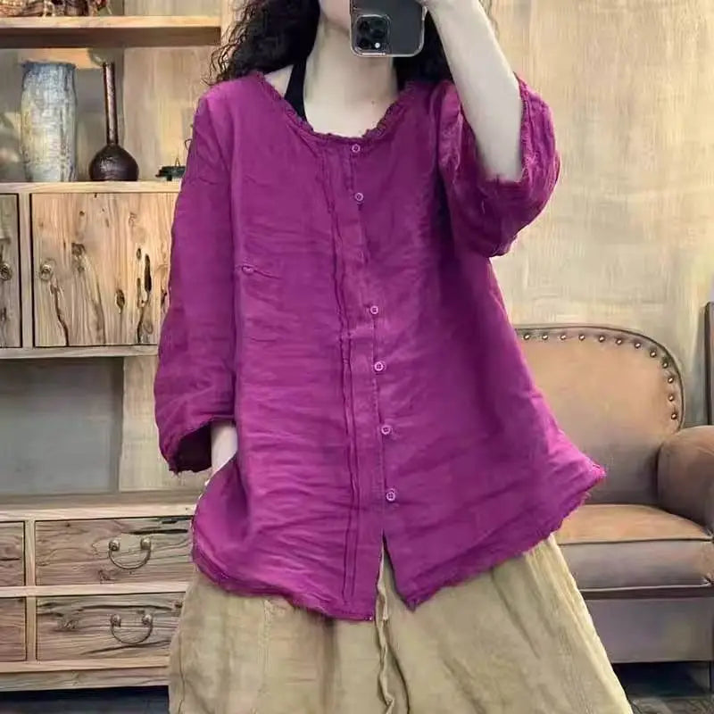Literary Solid Cotton Linen Shirt 2025 Women Loose Casual Blouse Spring Summer Three Quarter Sleeve Raw Hem Hemp Top