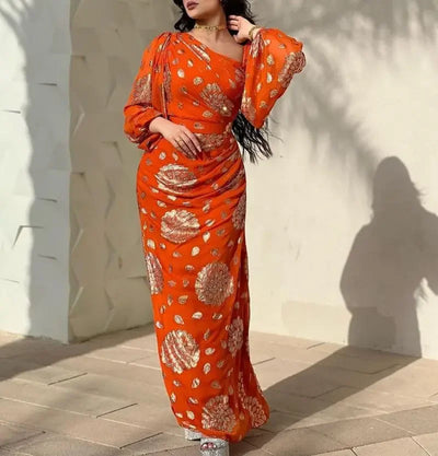 Dubai Morocco Dress for Women Chiffon Ball Gown Vestidos Lantern Sleeve Print Orange Wedding Prom Evening Dress Caftan 2023