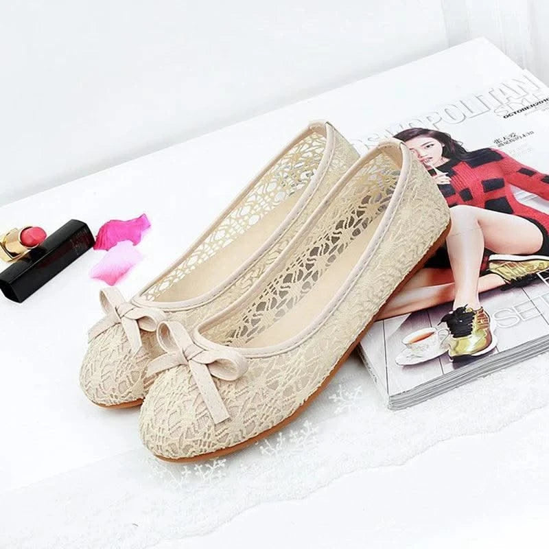 Women Fashion Lace Slip On Cut Outs Bow Ballet Breathable Flats Shoes