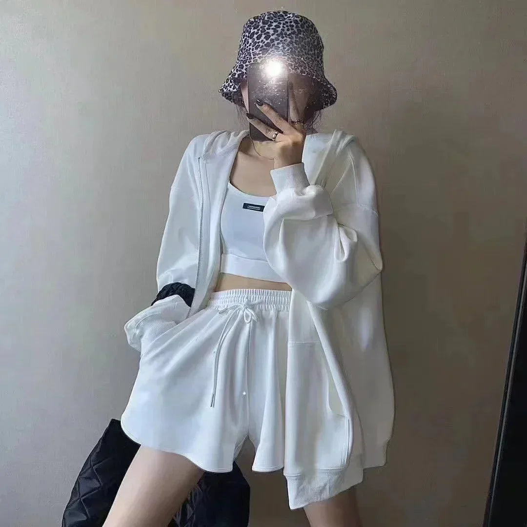 Shorts Three 3 Piece Sets Women Casual Vest Drawstring Short Hooded Zipper Jacket Sportswear Suits Y2k Streetwear Sports Hoodies