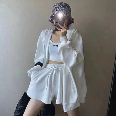 Shorts Three 3 Piece Sets Women Casual Vest Drawstring Short Hooded Zipper Jacket Sportswear Suits Y2k Streetwear Sports Hoodies