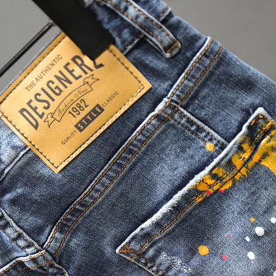 Men Fashion Denim Shorts Jeans New Summer Male Blue Ripped Jeans Shorts High Quality Man Paint Splash Technology Denim Shorts