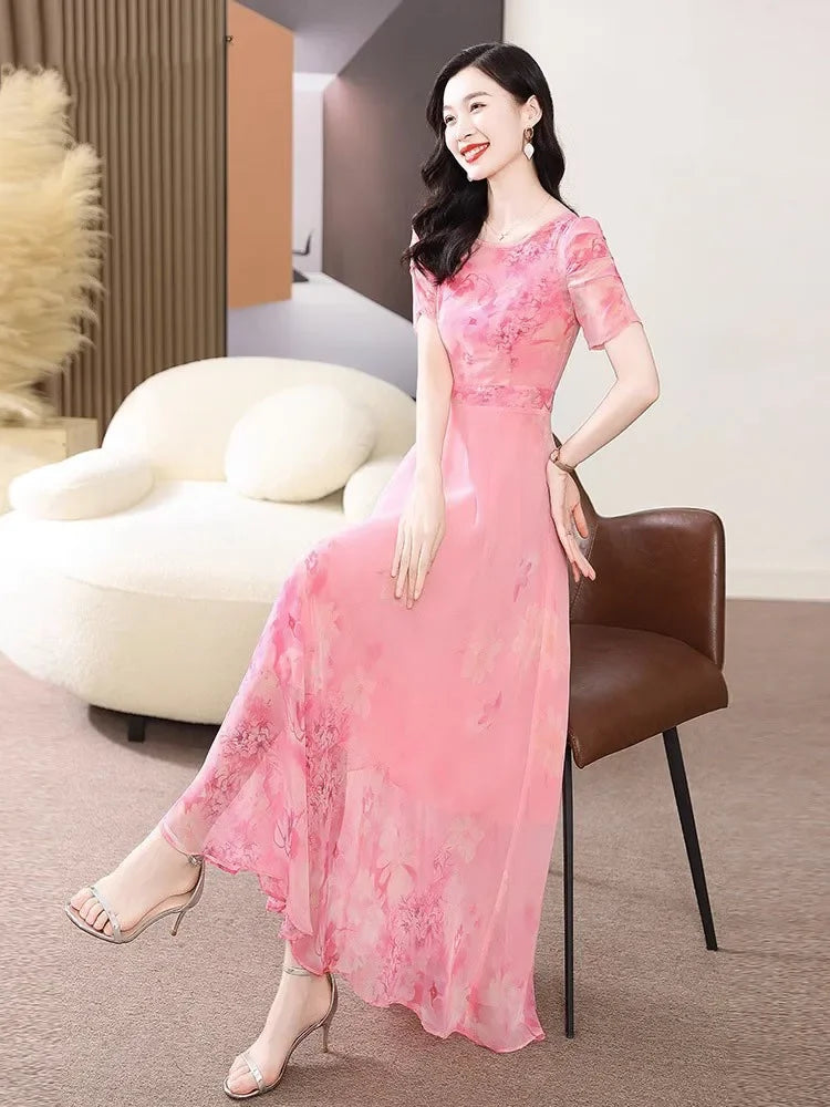 Women's Summer Dress 2025 New Fashion Printed Pink Chiffon Dress O-neck Short Sleeved Long Party Dresses Elegant Women Vestidos