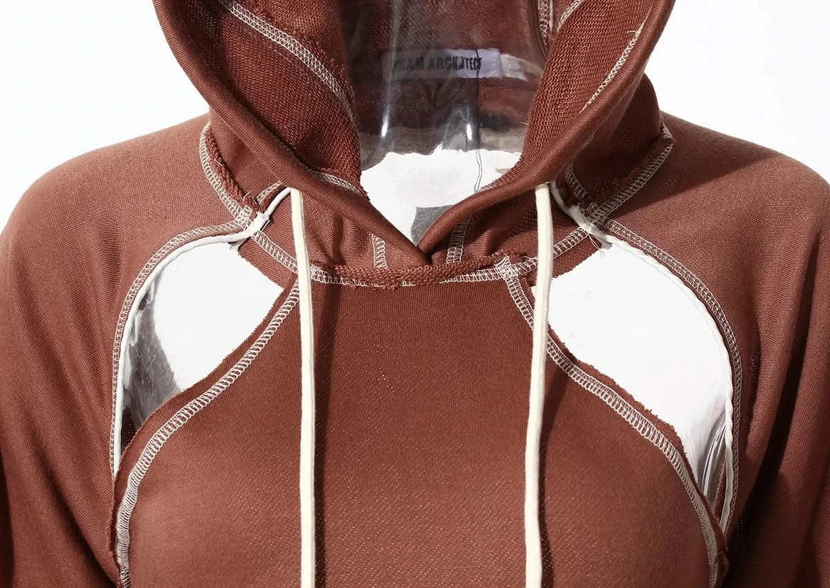 Women Hooded Sweatshirt Color Clashing Bright Line Short Top Ladies Fashion Layering Hoodie Long Sleeved tops New