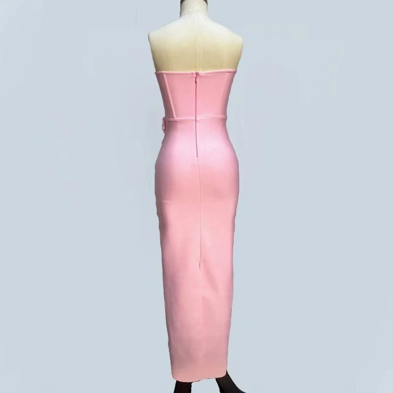 Pink Red Color Women Sexy Strapless Off the Shoulder Florals Bodycon Long Bandage Dress Celebrate Fashion Evening Party Outfit
