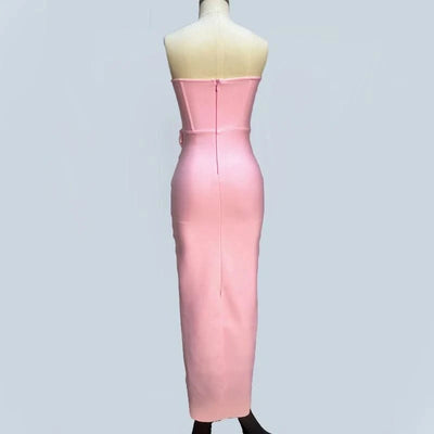 Pink Red Color Women Sexy Strapless Off the Shoulder Florals Bodycon Long Bandage Dress Celebrate Fashion Evening Party Outfit