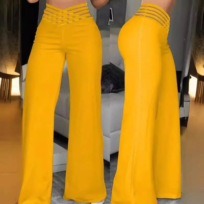 Women Wide Leg Flared Pants Autumn Casual Crisscross Sheer Mesh Patch High Waist Trousers Y2k Streetwear Elegant Work Pant