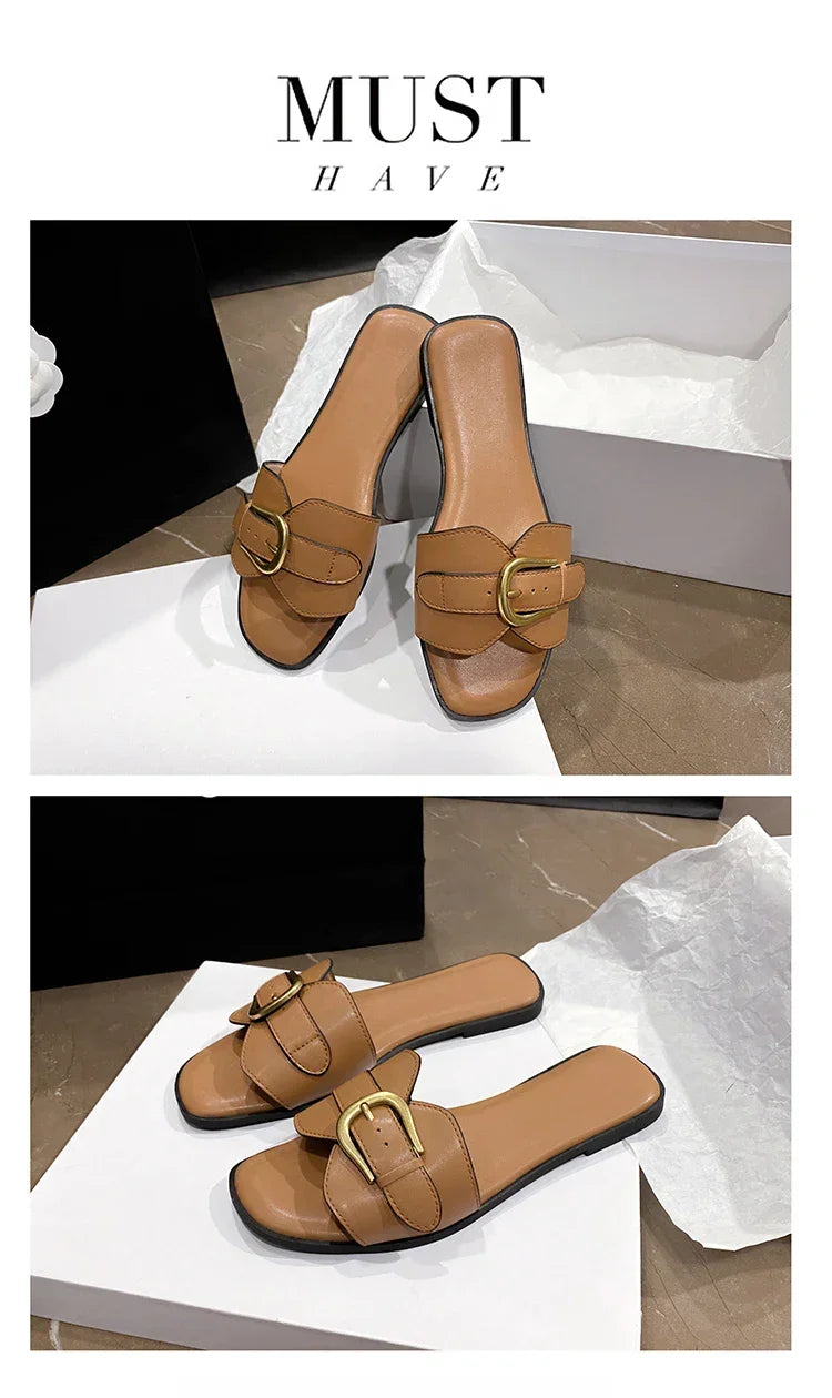 Summer Women Slippers Leather Square Toe Women Flats Flip Flops Designer Ladies Slides Sandals Women Shoes Luxury Sandals