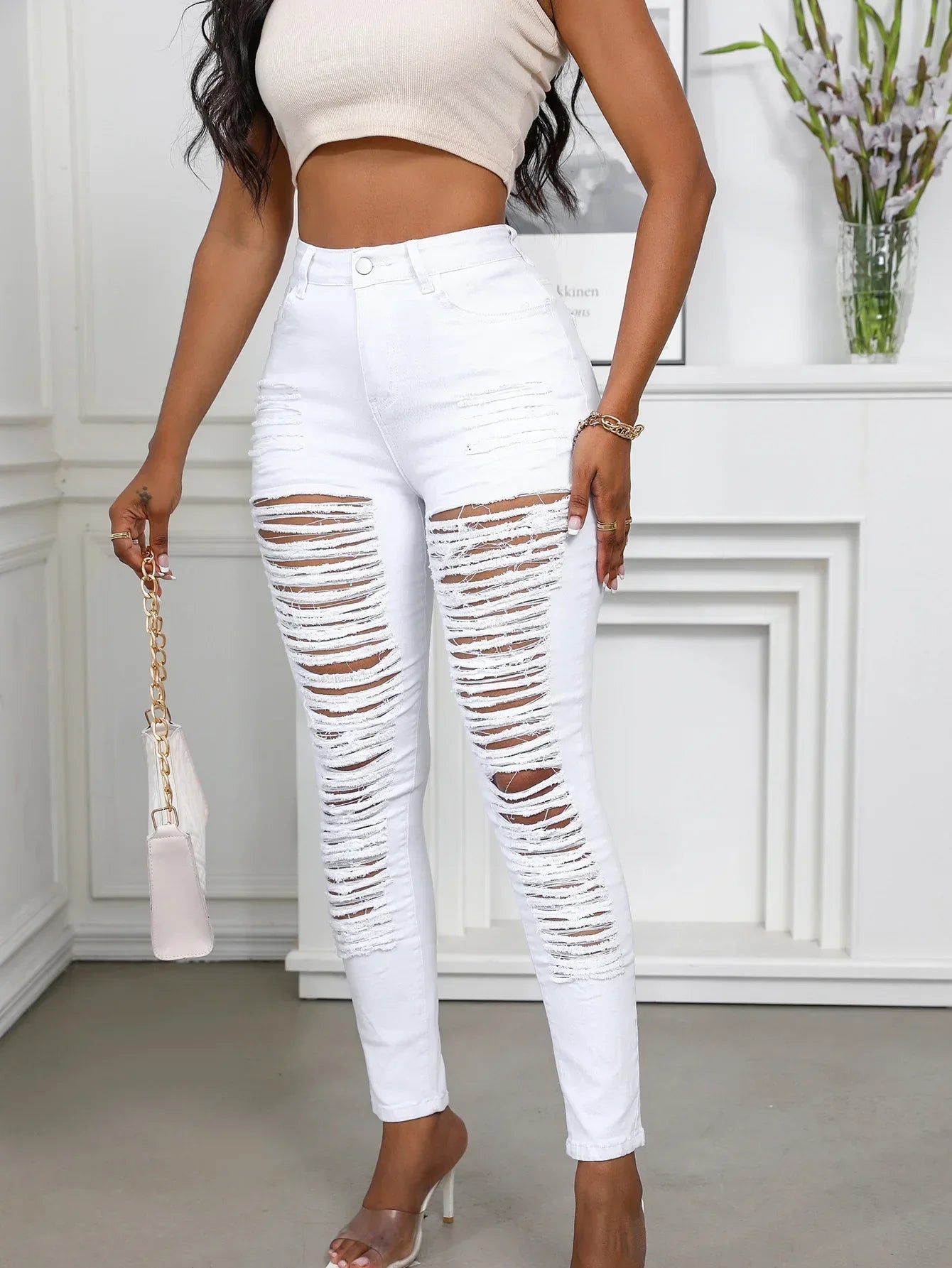 Women's Spring and Fall Fashion Elastic Ripped Jeans Women Casual Close-fitting High-waisted Denim Small Leg Pants Pencil Pants