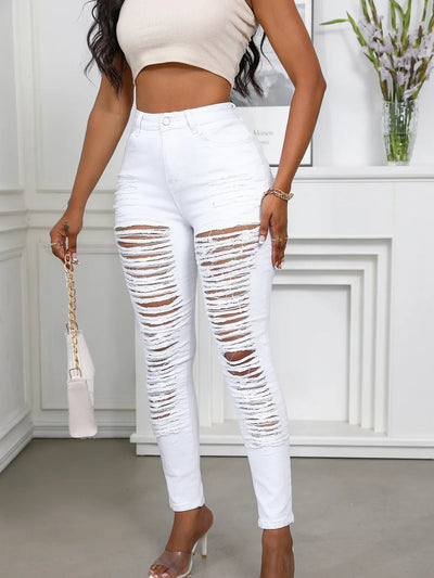 Women's Spring and Fall Fashion Elastic Ripped Jeans Women Casual Close-fitting High-waisted Denim Small Leg Pants Pencil Pants