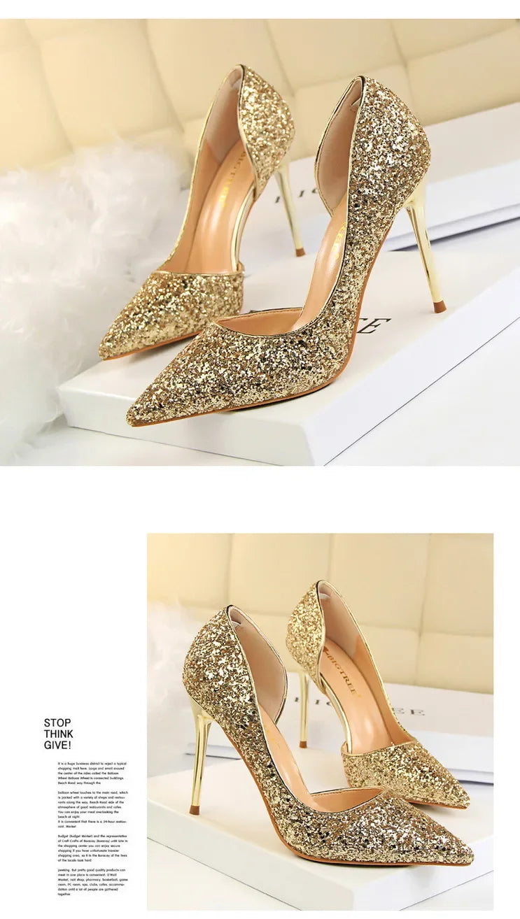 BIGTREE Shoes Champagne Women Pumps Sequin Wedding Shoes Stiletto High Heels Women Shoes Luxury Party Shoes Pumps Plus Size 43