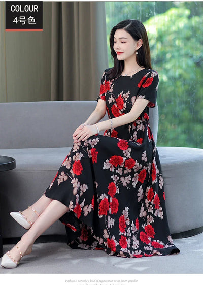 New Fashion 2024 Print Summer Dresses For Women Short Sleeve O-Neck Elegant Summer Dress Woman Clothing