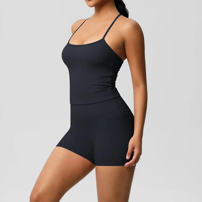 2PCS Sportswear With Pocketed Yoga Set Gym Clothes Yoga Suits For Women Tracksuits Sports Shorts Crossover Bra Gym Leggings