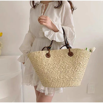 Designer Bohemian Chic Shoulder Bag,Solid Color Large Capacity Straw Woven Tote Bag,Nature-Inspired Beach Vacation Women Handbag