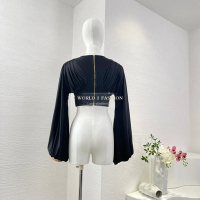 Woman Clothing Black Long Sleeve Blouse Tops and Midi Skirt Set