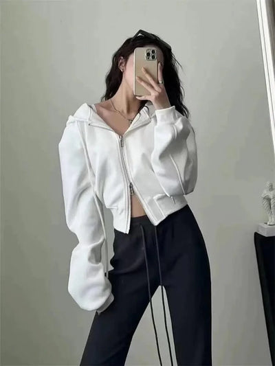 Casual Short Hooded Sweatshirt Women Zip Up Hoodies Mujer Solid Harajuku Long Sleeve Slim fit Crop Top Female Jackets Coat