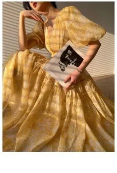 Women Maxi Chiffon Dress Summer Bohemian Rabbits Flower Porcelain Print Clothing Floor Length Flare Sleeve Long Vestidos