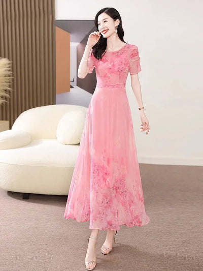 Women's Summer Dress 2025 New Fashion Printed Pink Chiffon Dress O-neck Short Sleeved Long Party Dresses Elegant Women Vestidos