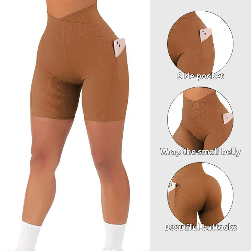 Sports Short Women Cross Workout Yoga Shorts with Pockets 5" High Waist Booty Biker Short