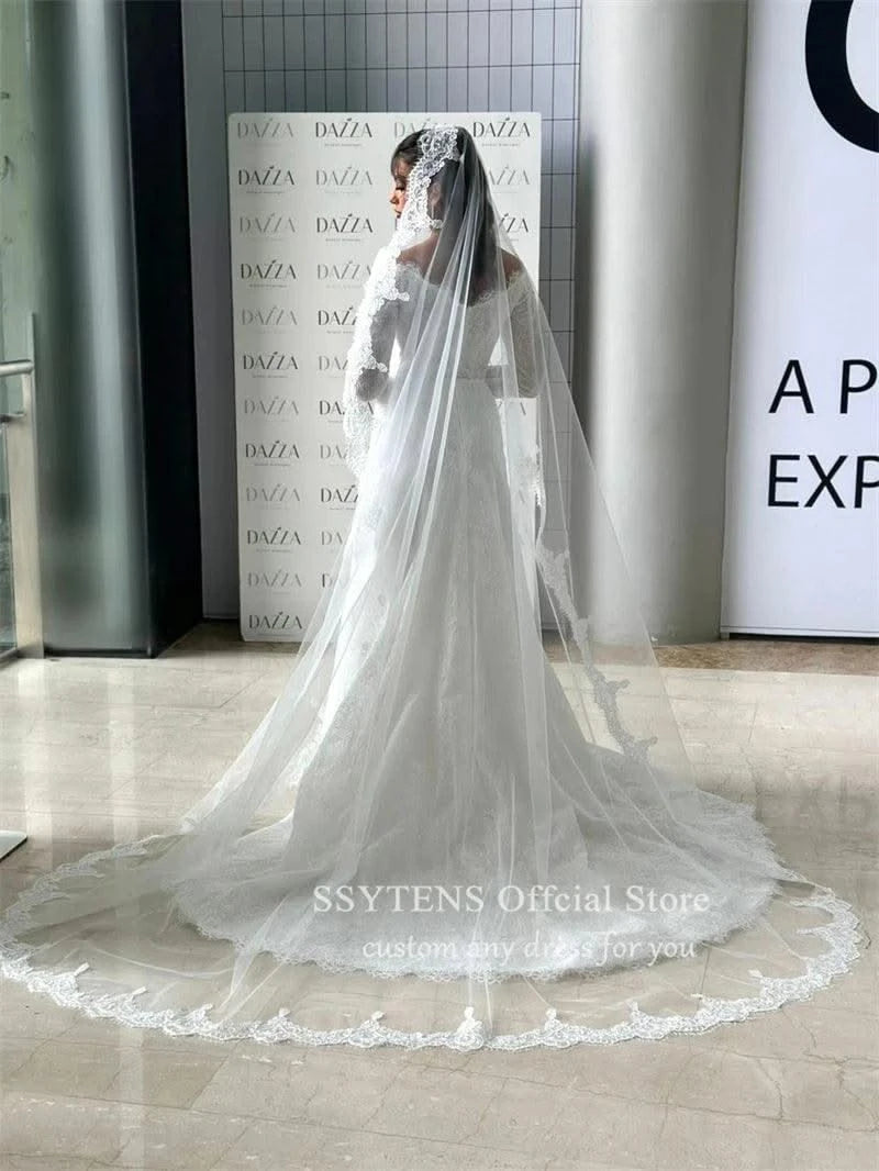 V Neck Wedding Dresses Lace Long Sleeves Queen Bride Gown