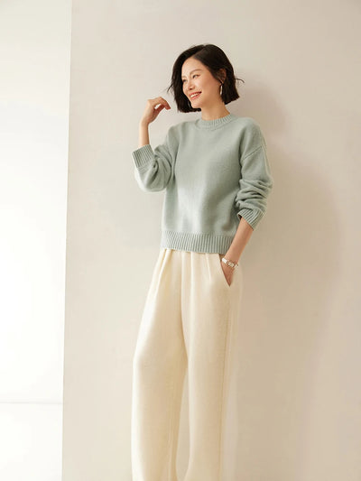 ADDONEE Women 100% Cashmere Pants Pleated Waist Wide Leg Pants Casual Simple Style Autumn Winter Cashmere Knit Trousers Luxury