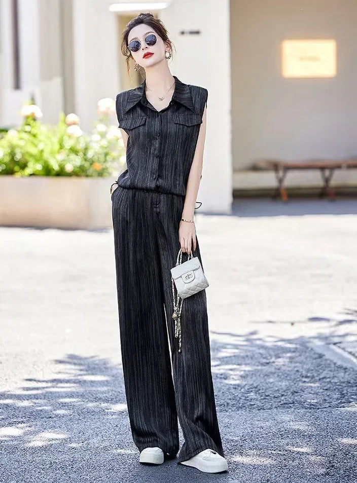 Wear To Work Shirt Ladies Trouser Black Women's Blouse and Pants Two Piece Set Professional Wide Leg Office Baggy Stripe Outfit