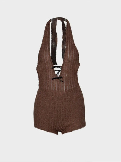Joskaa Knitted Halter Backless Jumpsuit Women Sexy Deep V-Neck Bow Sleeveless Skinny Overalls 2025 Fitness Sportswear Clubwear