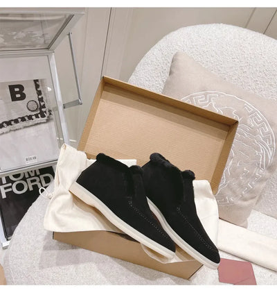 Fur Ankle Boots Women's Cow Suede Loafers High Quality 2025 Winter Flat Shoes Fur Integrated Warm Snow Boots