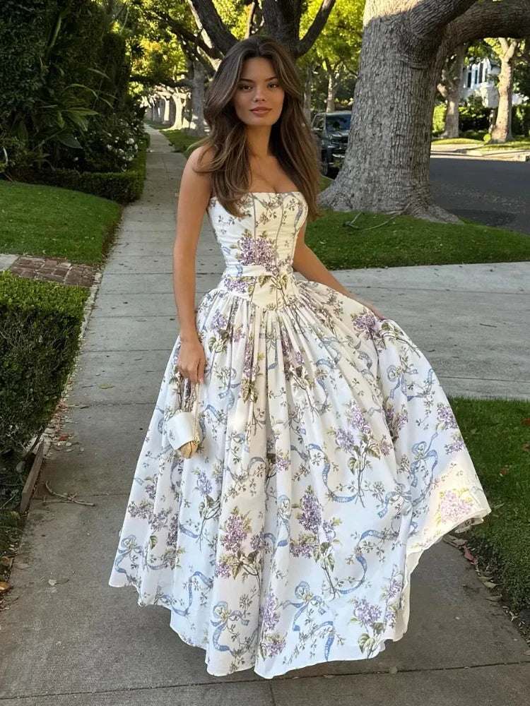 Elegant Women Summer Dresses Floral Printing Strap Backless Sleeveless High Waist Pleated A-line Party Vestidos Chic lady outfit