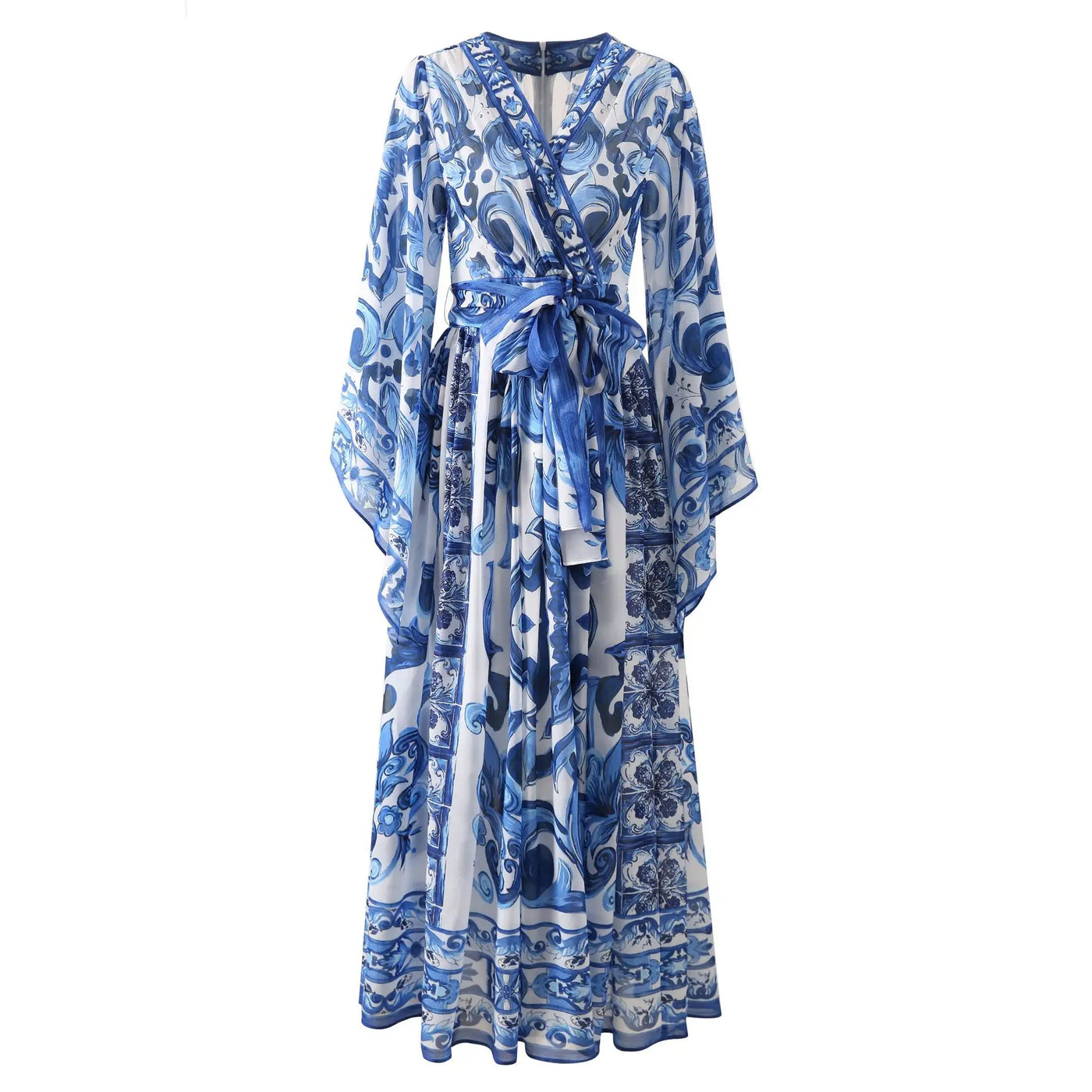 2025 Runway Designer Inspired Women's Silk Maxi Dress | Blue Floral Printed Wrap Dress | Summer Elegant Evening Gown
