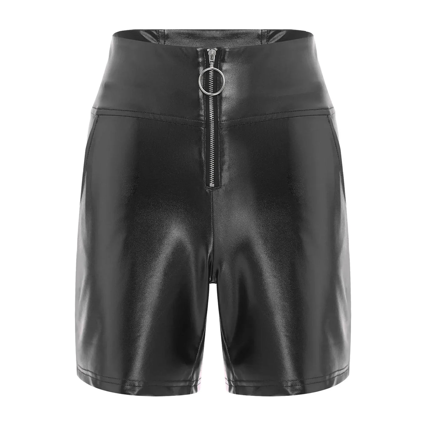 Womens Metallic Shiny Biker Tights Shorts High Waist Front Zipper Pockets Bodycon Short Leggings Motor Riding Dance Shorts