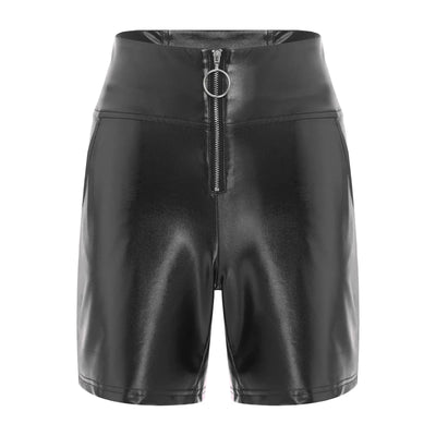 Womens Metallic Shiny Biker Tights Shorts High Waist Front Zipper Pockets Bodycon Short Leggings Motor Riding Dance Shorts