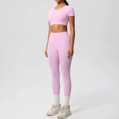 Yoga Set 2 Pieces Women Tracksuits Workout Sportswear Gym Clothing Fitness Short Sleeve With Padded High Waist Leggings Suits