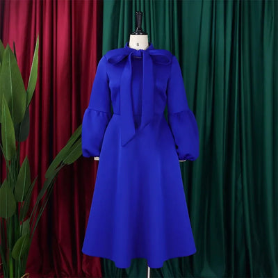 Elegant Dresses for Women Bow Collar Full Sleeve High Waisted Pleated Mid Calf Luxury Birthday Party Dinner Vestidos Mujer Dress