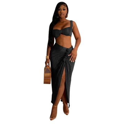 Women Two Pieces Set Sexy Backless Halter Top and High Waist Side Slit
