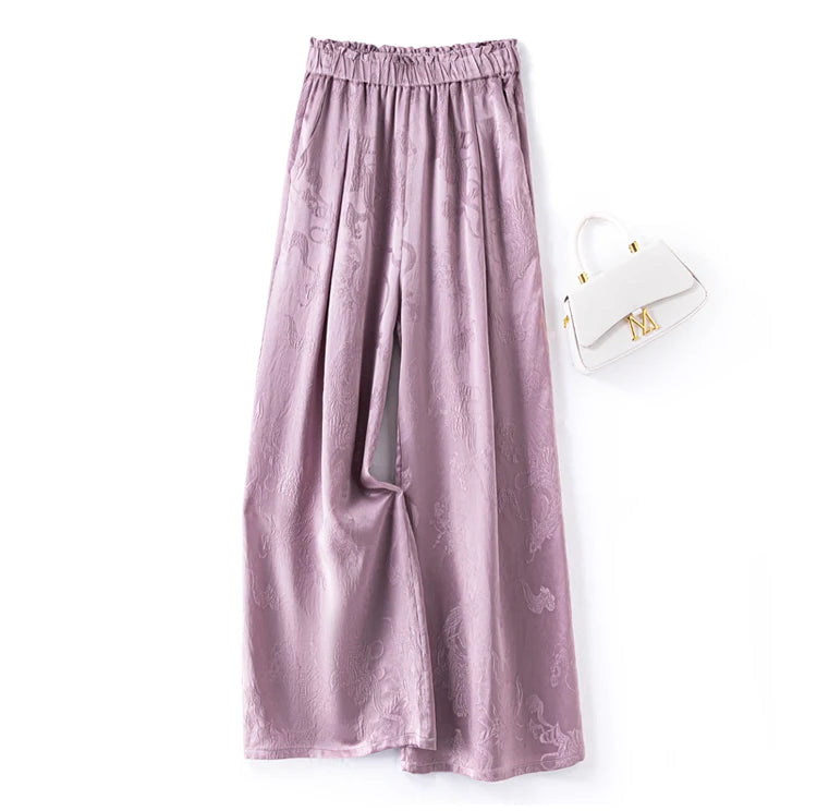 2025 Women's Fashion Spring New 100% Natural Mulberry Silk GuanLe Satin Fragrant Taro Purple High Waist Casual Wide Leg Pants